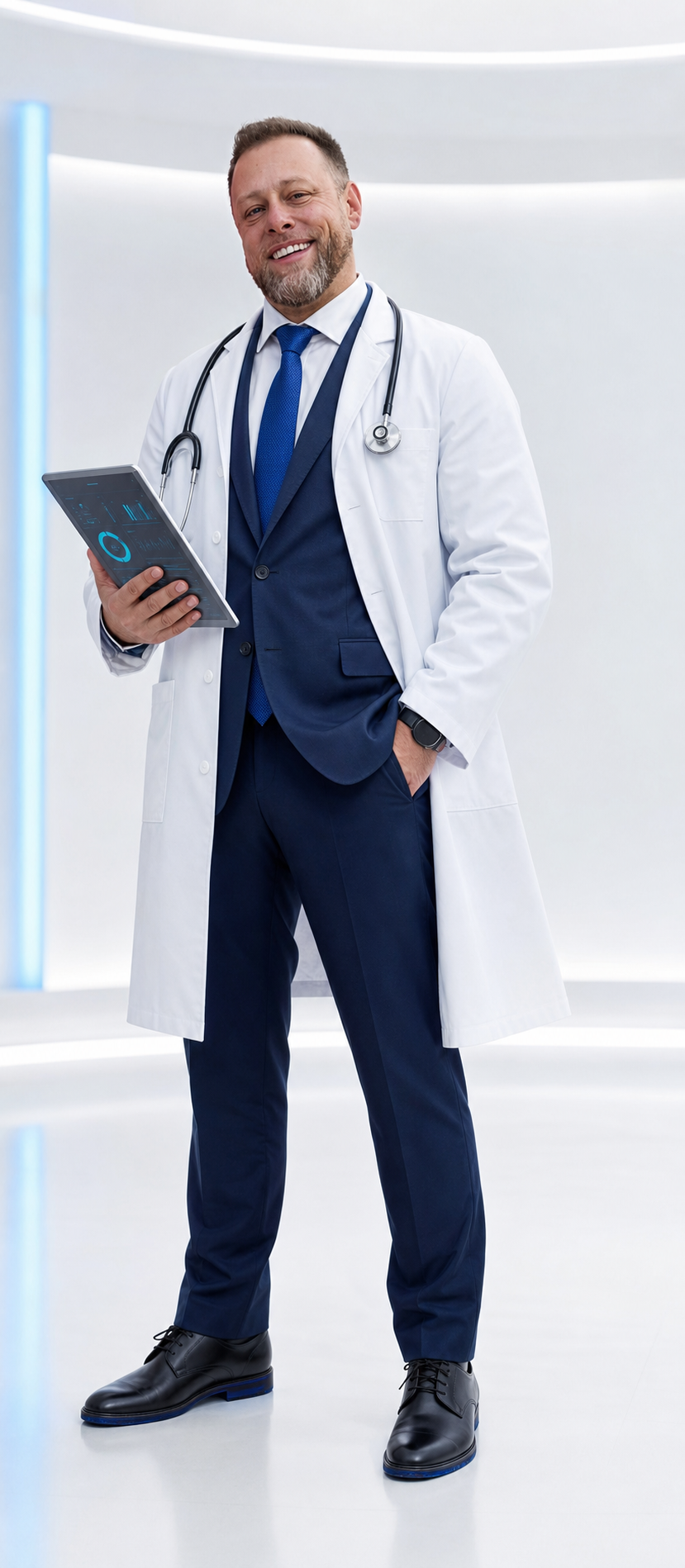 Dr. Maximo brand character holding a tablet.