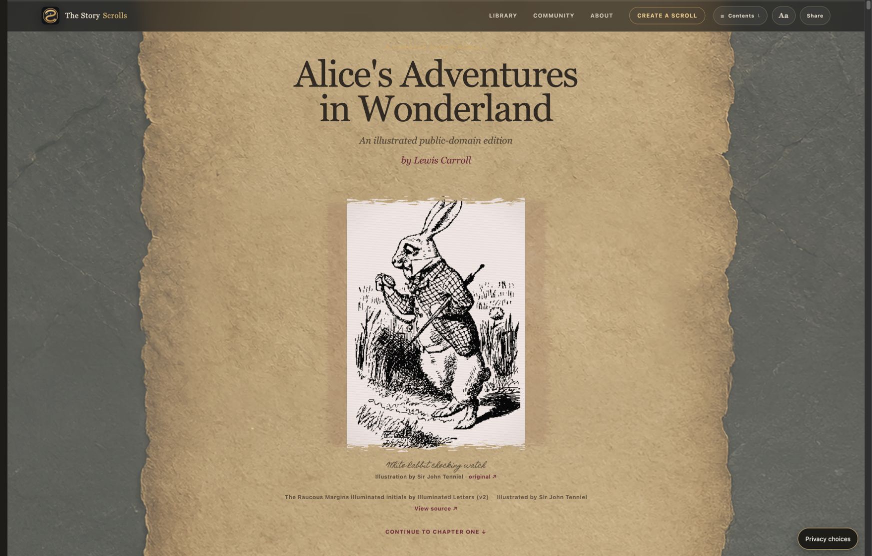 Alice’s Adventures in Wonderland in Story Scrolls, with John Tenniel’s original illustrations.