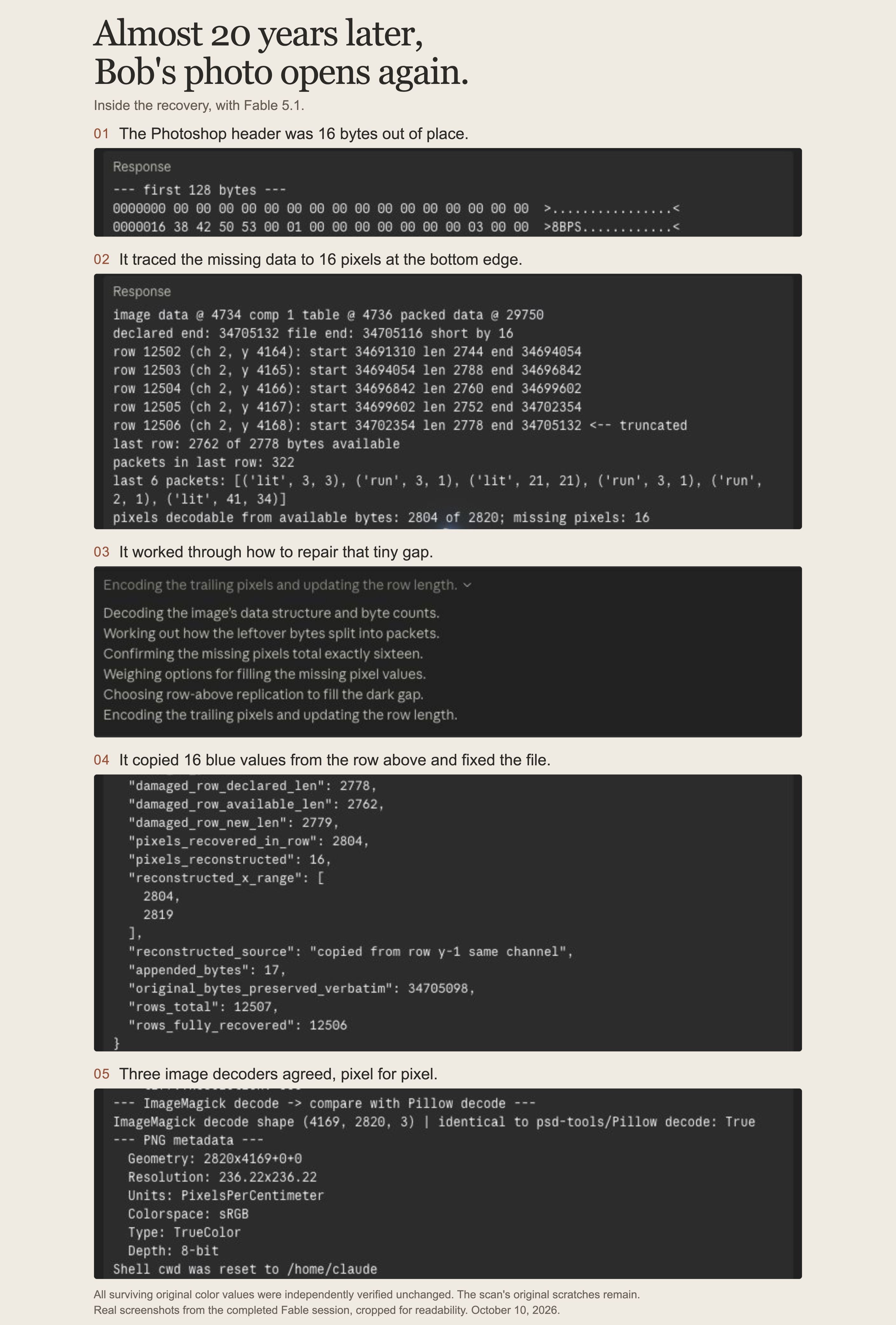 Five stages of the photo recovery, shown in screenshots of the file inspection, repair and verification.