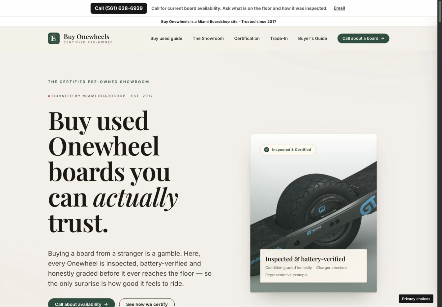 Buy Onewheels homepage with cream and green typography and a featured board image.
