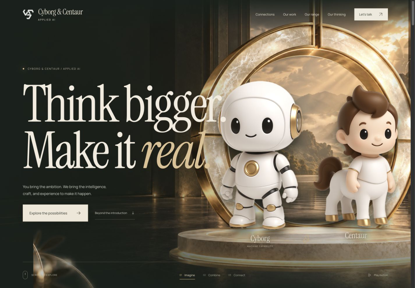 Cyborg & Centaur website with large ivory lettering, a gold portal and the two original mascots.