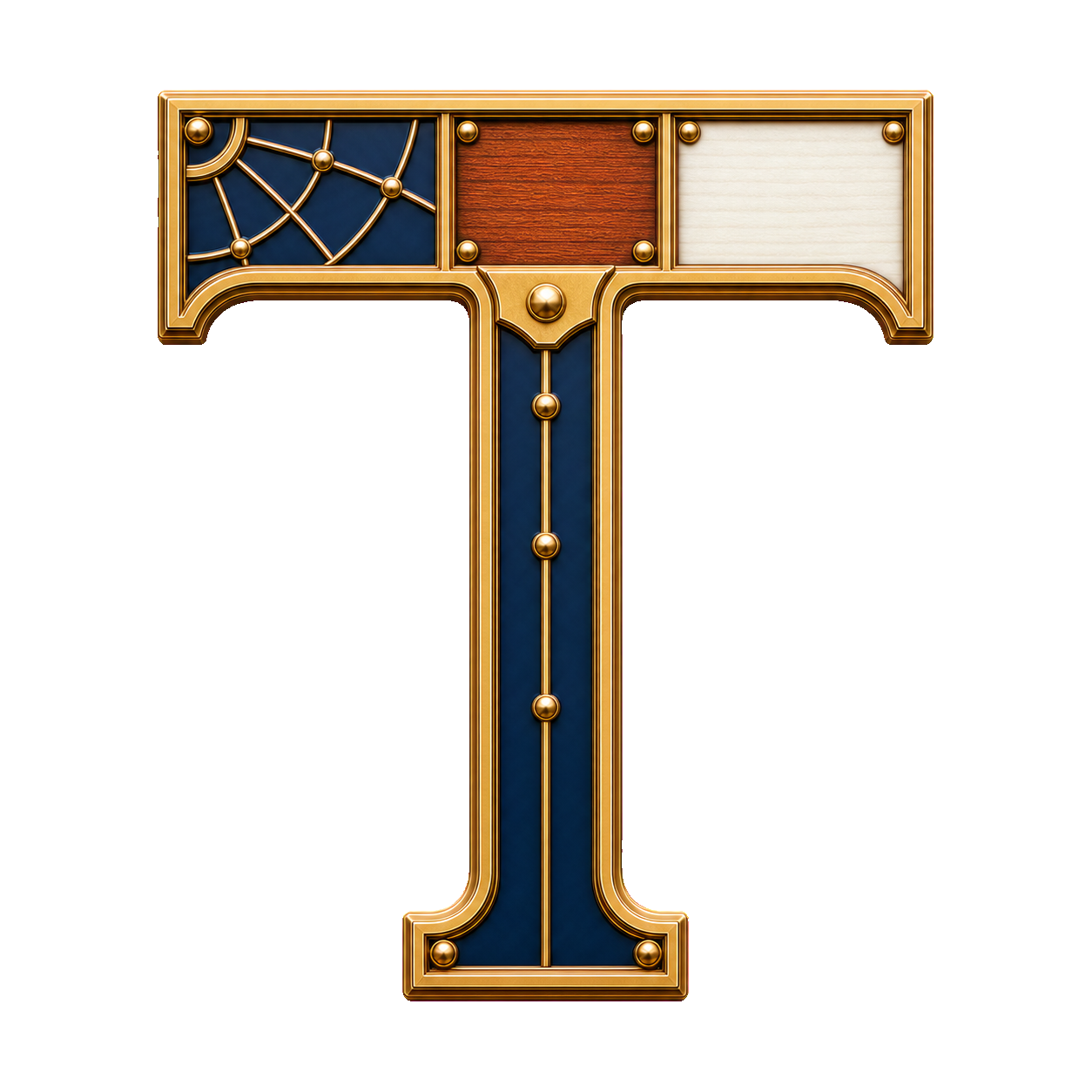 A letter T in teak and brass