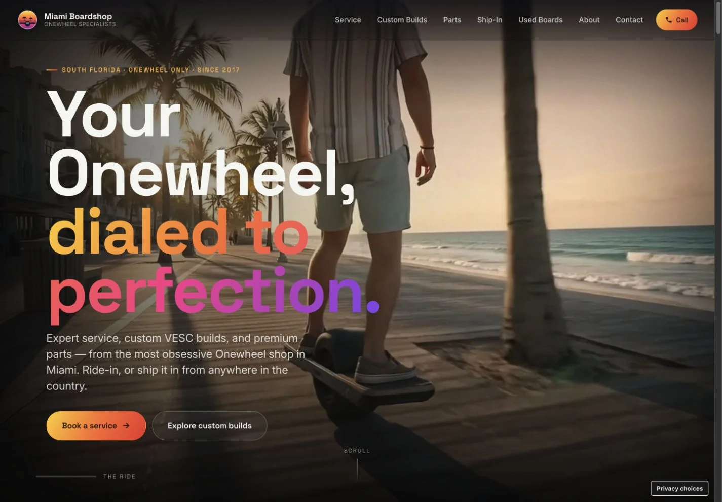 Miami Boardshop homepage with a sunset boardwalk scene and large multicolored heading.
