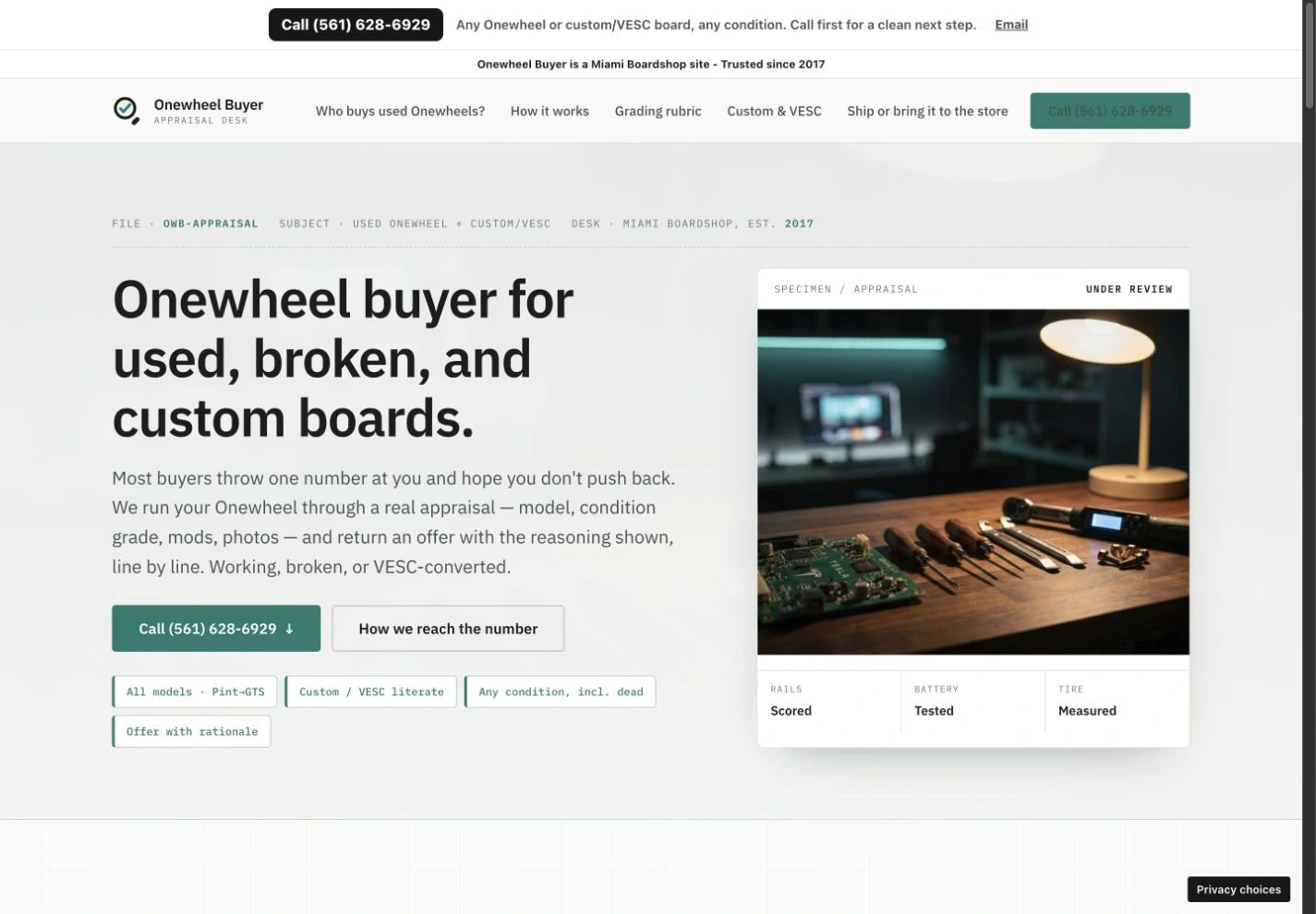 Onewheel Buyer homepage with a pale assessment-desk design and a workshop image.