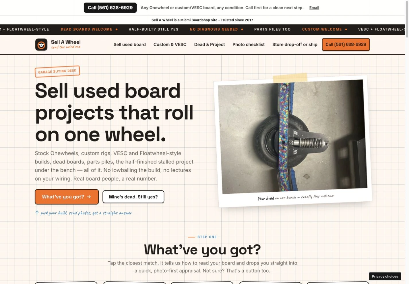 Sell a Wheel homepage with a graph-paper background, orange controls and a custom board image.
