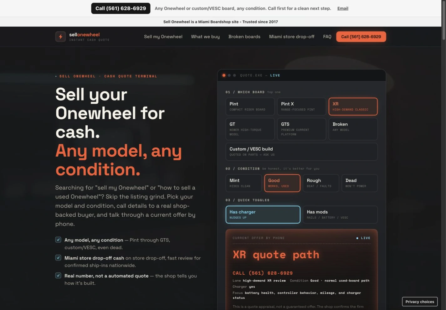 Sell Onewheel website with dark charcoal styling, orange accents and a model and condition selector.