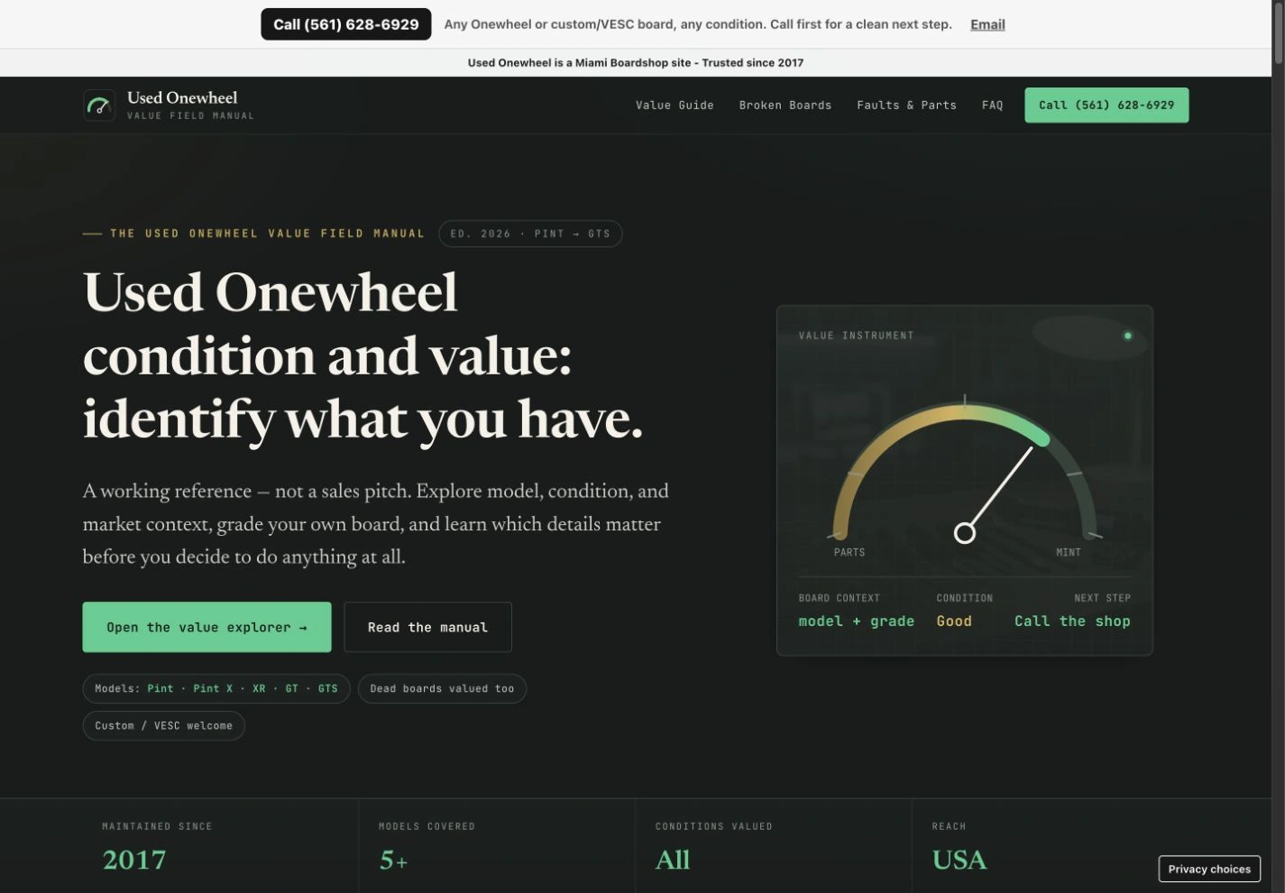 Used Onewheel website with dark green field-manual styling and a condition gauge.